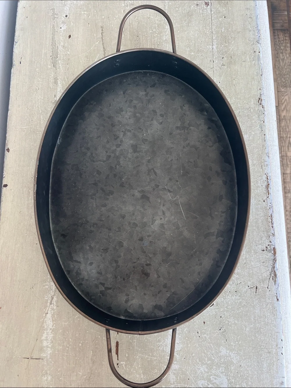 Pottery Barn Oval Metal Serving Tray in Blackened Gray with Bronze Handles